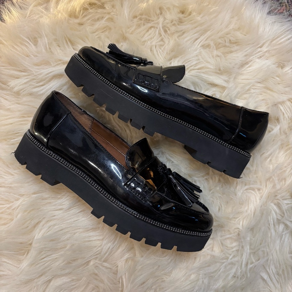 Franco Sarto Black Patent Leather Tassel Loafers